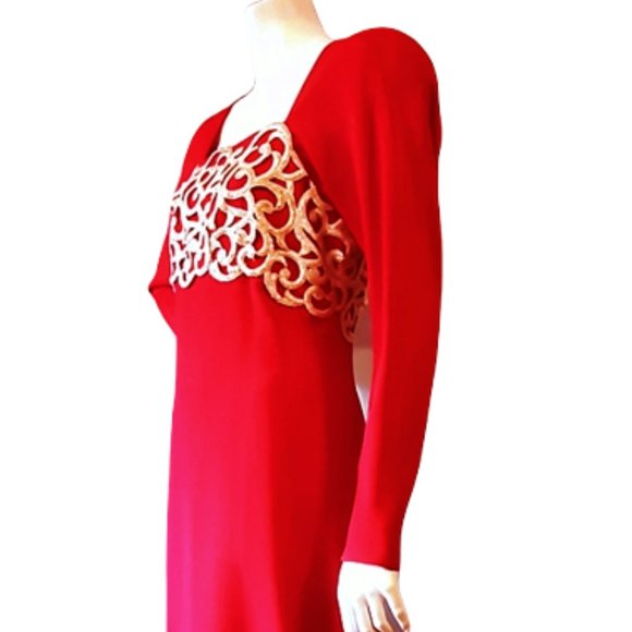1980s Vintage Lipstick Red Fitted Cocktail Dress With Gold Trim & Shoulder Pads - Picture 3 of 9